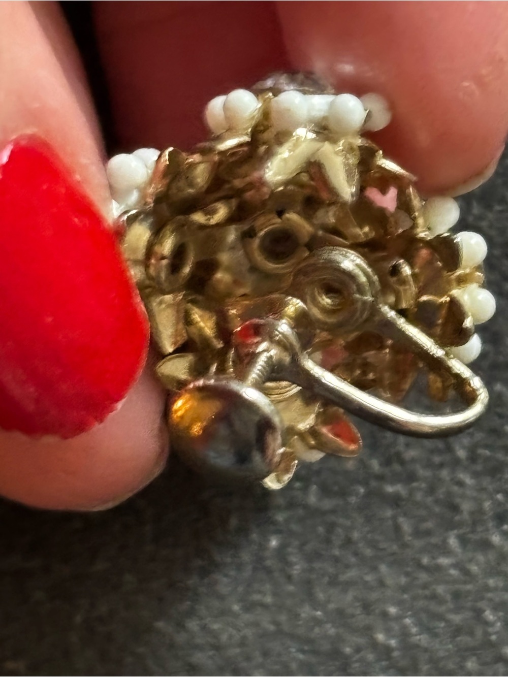 Vintage Floral Gold and White Crystal Cluster Screw-Back Earrings - Picture 3 of 4